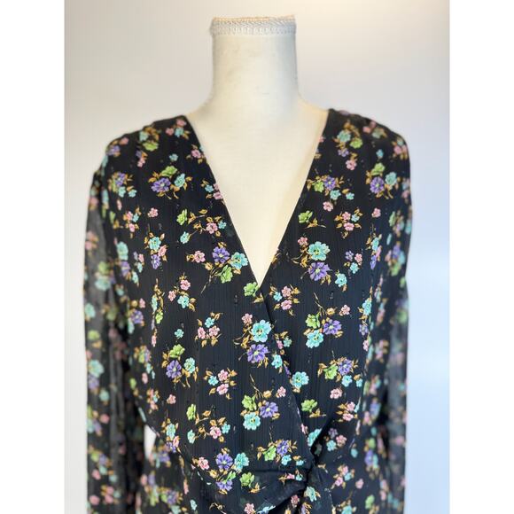 Zara Black Floral Surplice Mini Dress Women's Large Balloon Cottagecore Boho - Picture 6 of 16